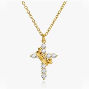 NIB 18K Gold Plate CZ Cross Crown Necklace-18”